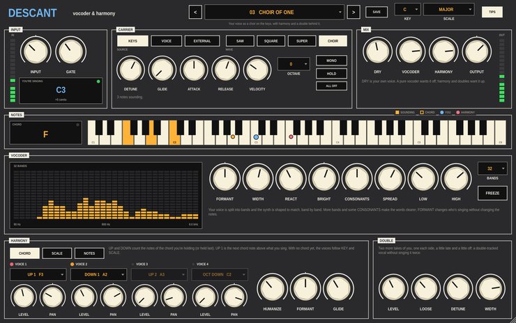 The Descant panel: input, carrier and mix sections across the top, a keyboard showing the held chord and the sung note, the vocoder's band display and knobs, and the four harmony voices and the double at the bottom