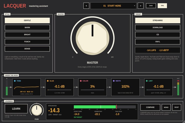 The Lacquer panel: style buttons on the left, a large MASTER knob in the middle and target buttons on the right; below them the five stages with live readings, and the loudness meter with LEARN and COMPARE