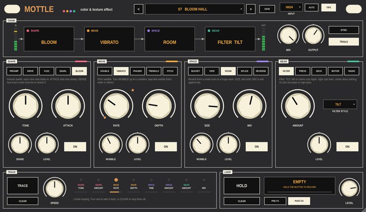 The Mottle panel: a chain of four modules across the top, each module's effect buttons and knobs below, and the trace and loop sections at the bottom