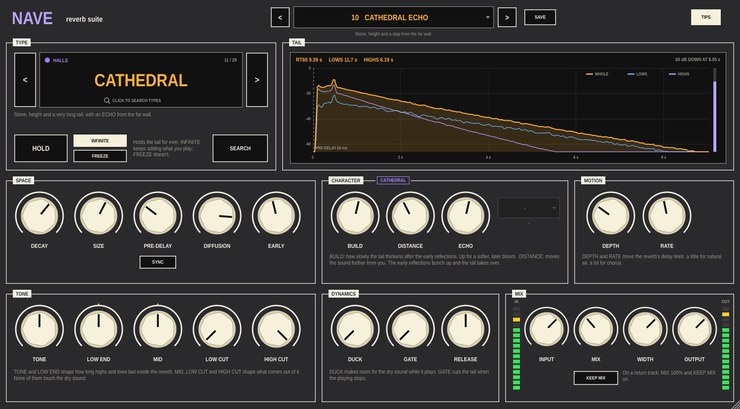 The Nave panel: the reverb type and HOLD on the left and the measured tail on the right across the top, then the SPACE, CHARACTER and MOTION knobs, and TONE, DYNAMICS and MIX at the bottom