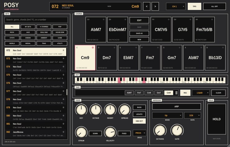 The Posy panel: a searchable chord set list, twelve chord pads, and voicing and arpeggio controls