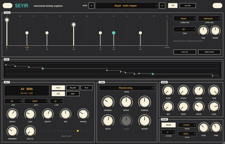 The Seyir panel: a ladder of the scale against the piano's notes, a melody path, and walk, voice, shape and drone controls