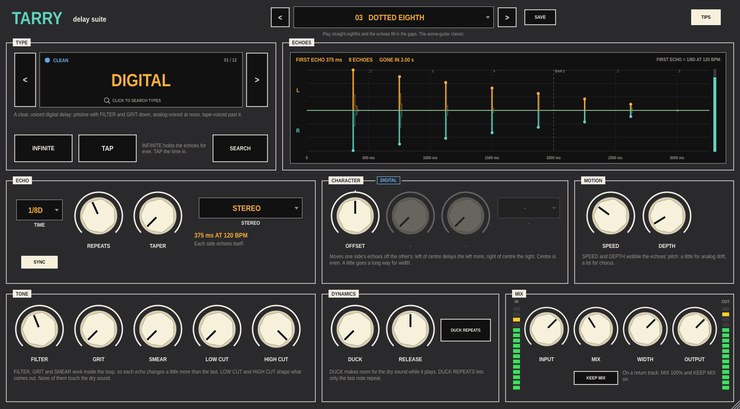 The Tarry panel: the delay type, INFINITE and TAP on the left and the measured echoes on the right across the top, then the ECHO, CHARACTER and MOTION controls, and TONE, DYNAMICS and MIX at the bottom
